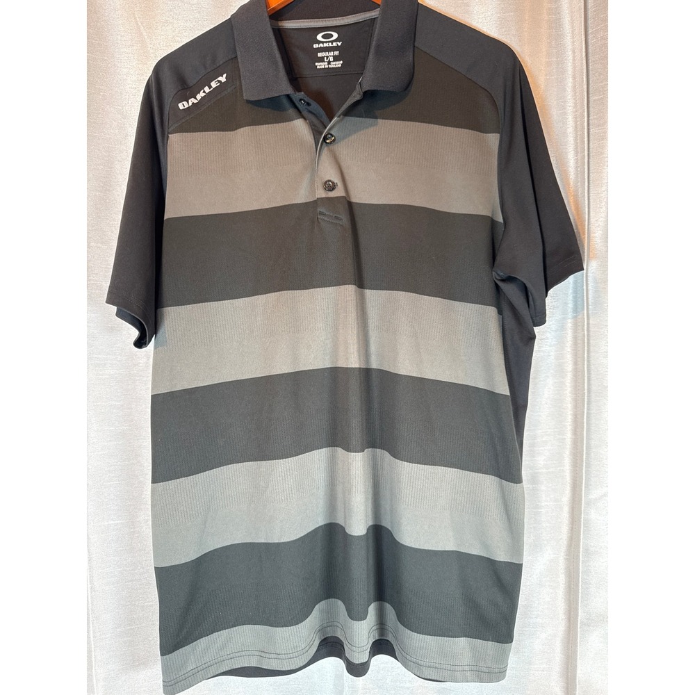 Oakley Mens Golf Polo Shirt L Gray Black Stripe‎ Short Sleeve Hydromix Tour coke